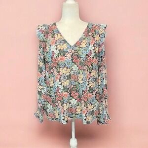 LOFT Floral Ruffle V-Neck Blouse Size  Small Smocked Cuff Cottage Country Boho